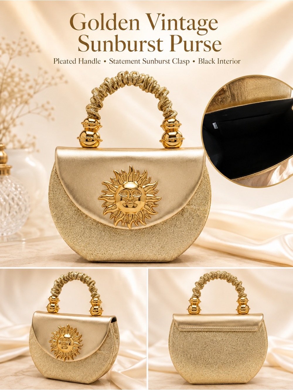✨ Vintage Gold Sunburst Statement Purse Pleated Handle✨